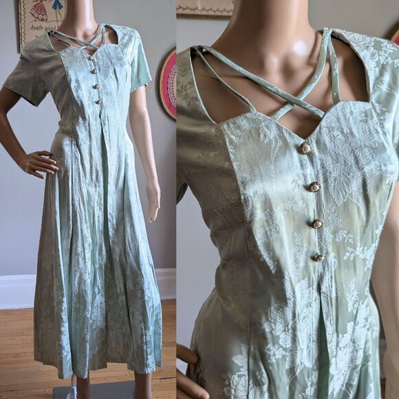 Vintage 90s Sarah Richards Maxi Dress Sage Green Floral Embossed Cottagecore 11 - Picture 1 of 14